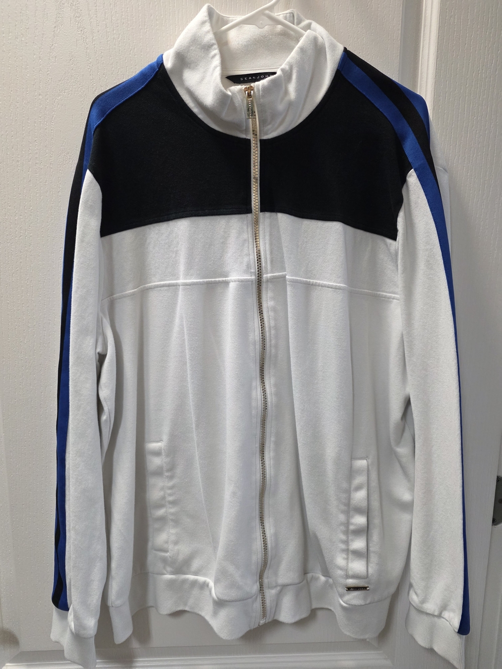 Sean John White Jacket with Black Yoke and Blue Shoulder Stripes